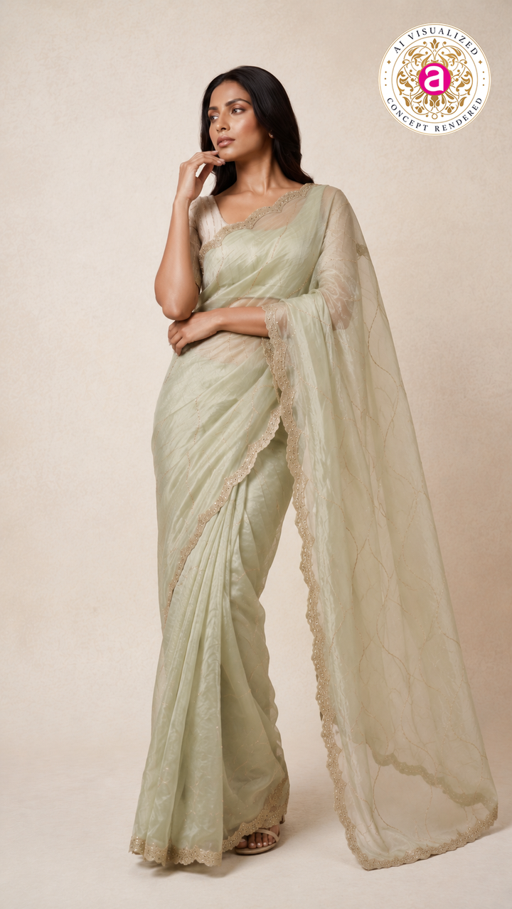 Sage Green Embellished Organza Saree