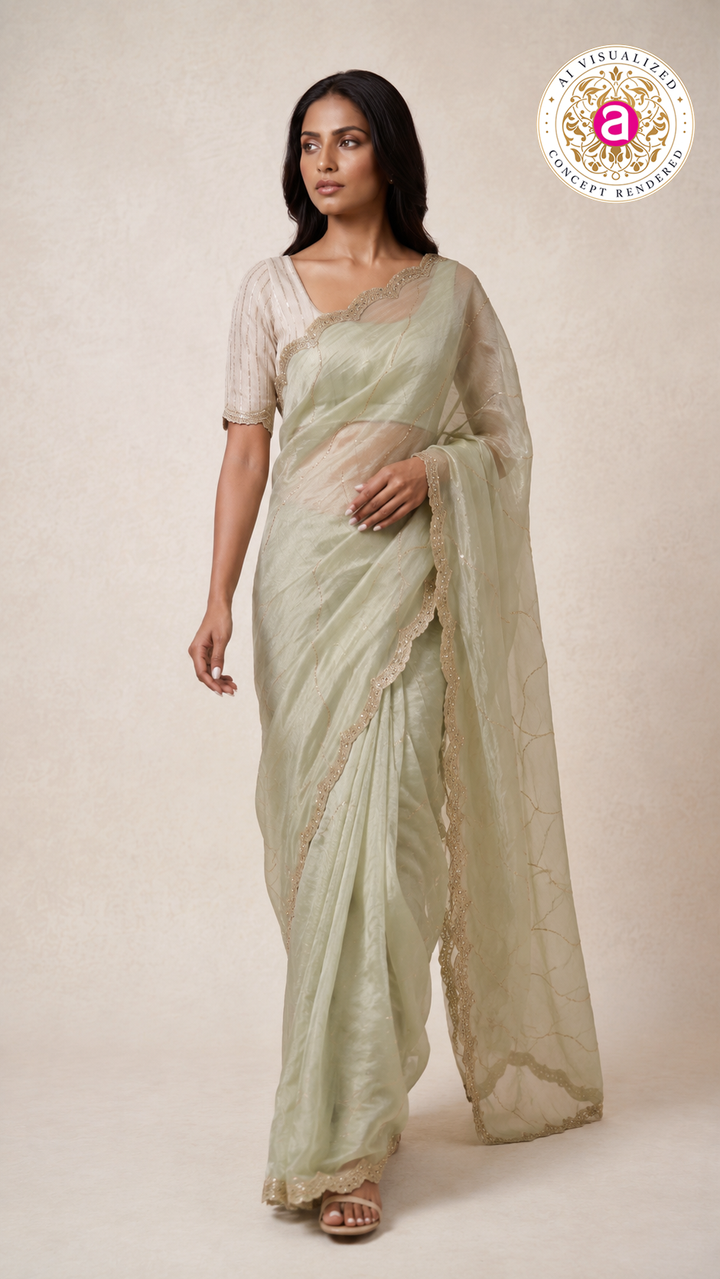 Sage Green Embellished Organza Saree