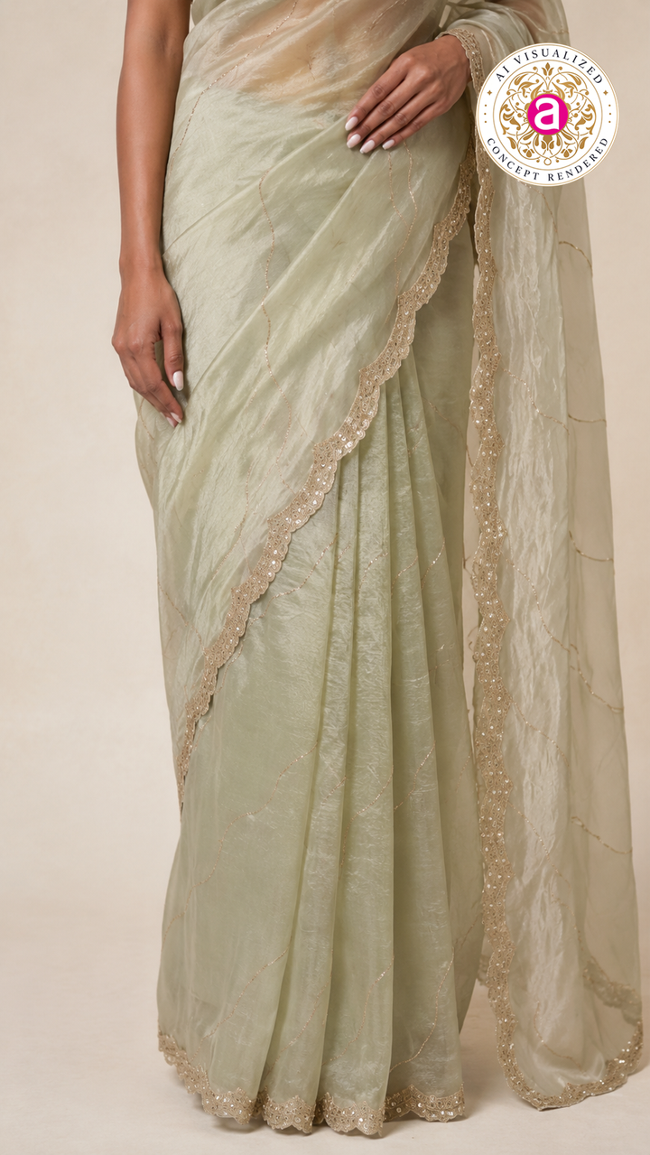 Sage Green Embellished Organza Saree