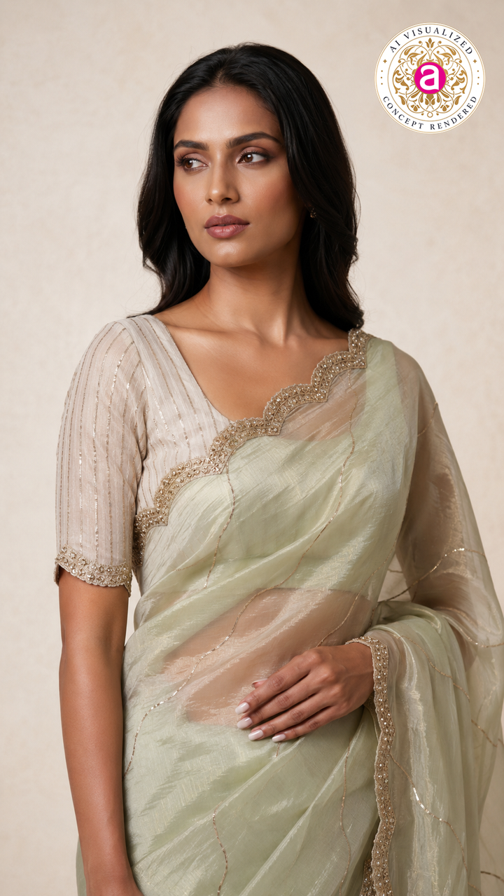 Sage Green Embellished Organza Saree