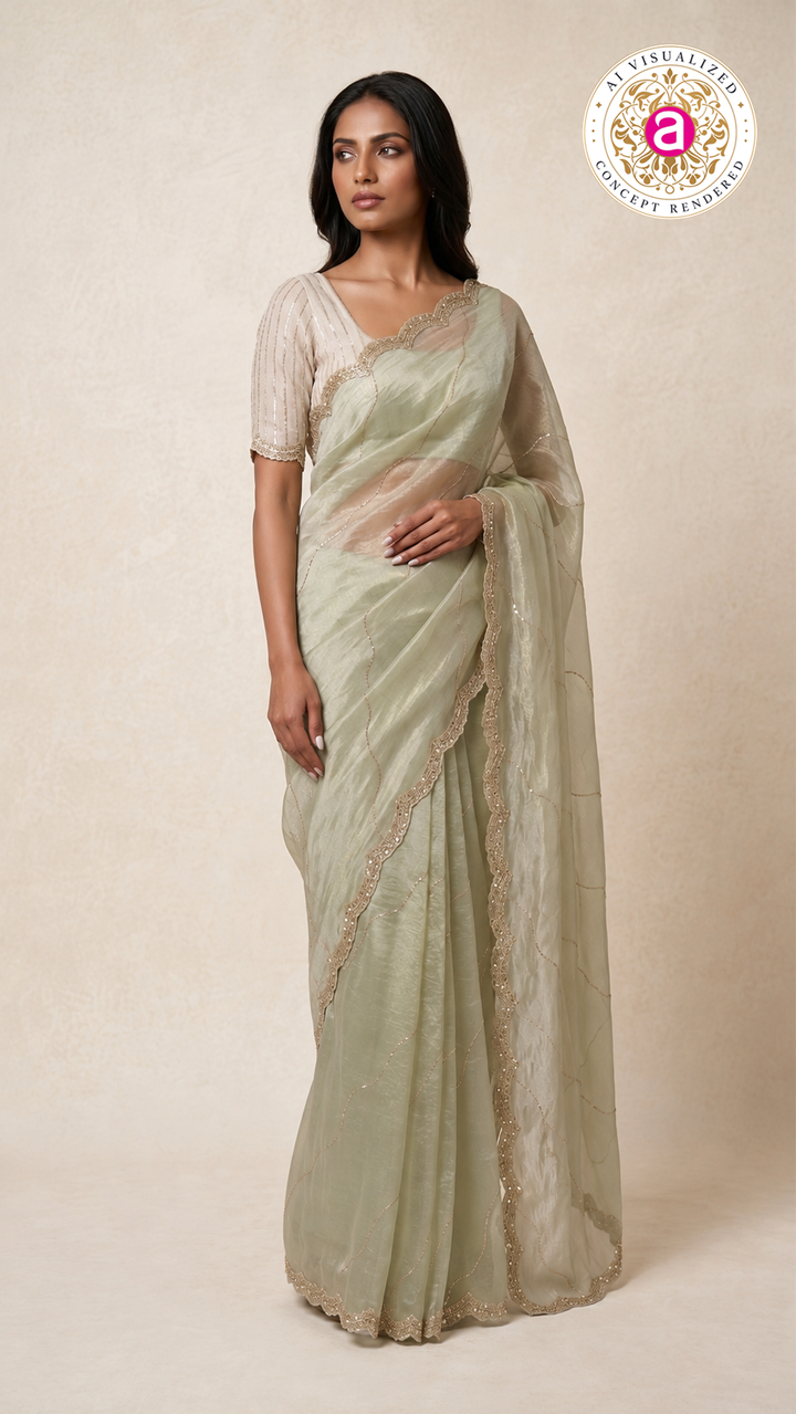 Sage Green Embellished Organza Saree