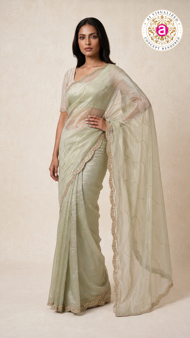 Sage Green Embellished Organza Saree
