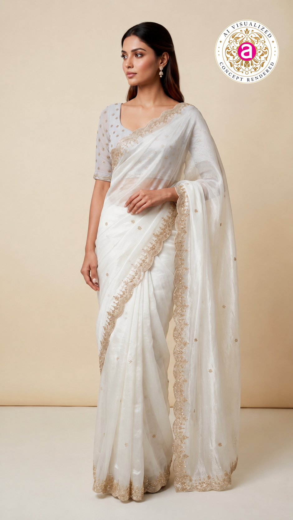 Ivory White Embroidered Organza Saree