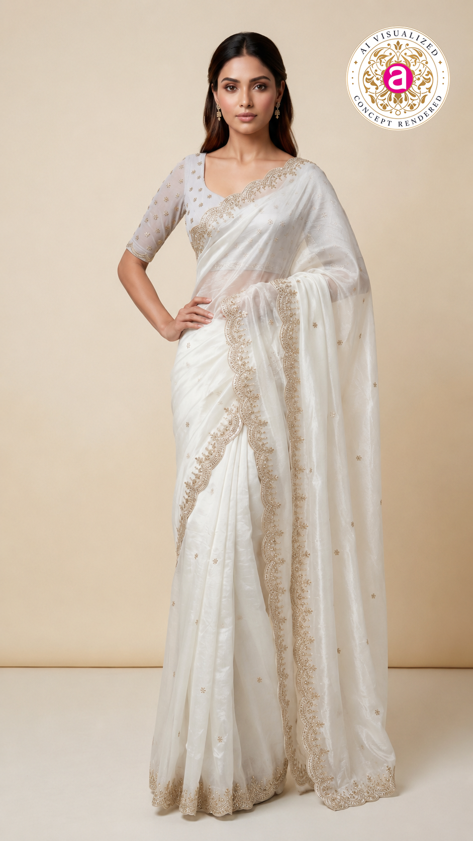 Ivory White Embroidered Organza Saree