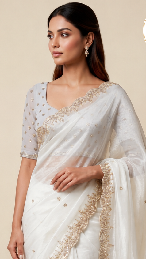 Ivory White Embroidered Organza Saree