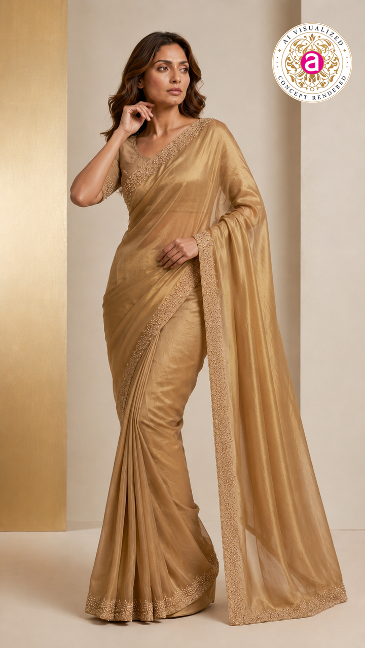 Champagne Gold Embroidered Designer Saree