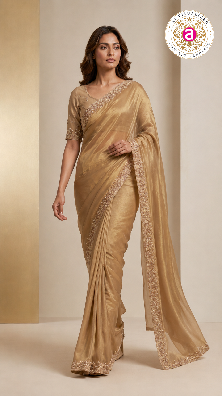 Champagne Gold Embroidered Designer Saree