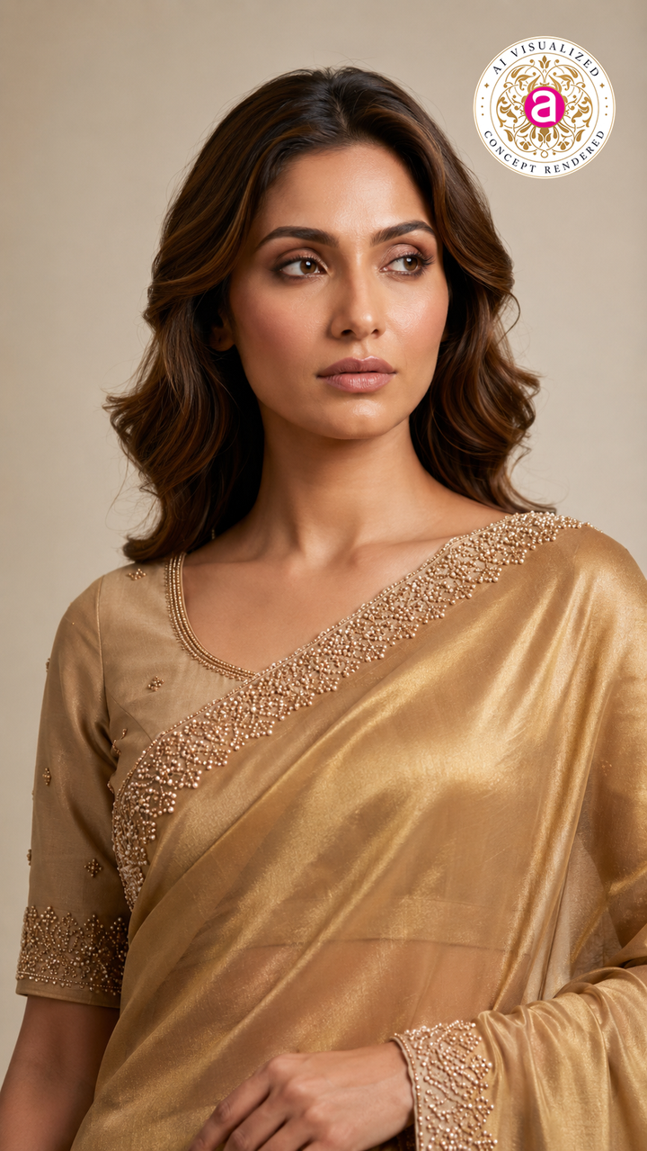 Champagne Gold Embroidered Designer Saree