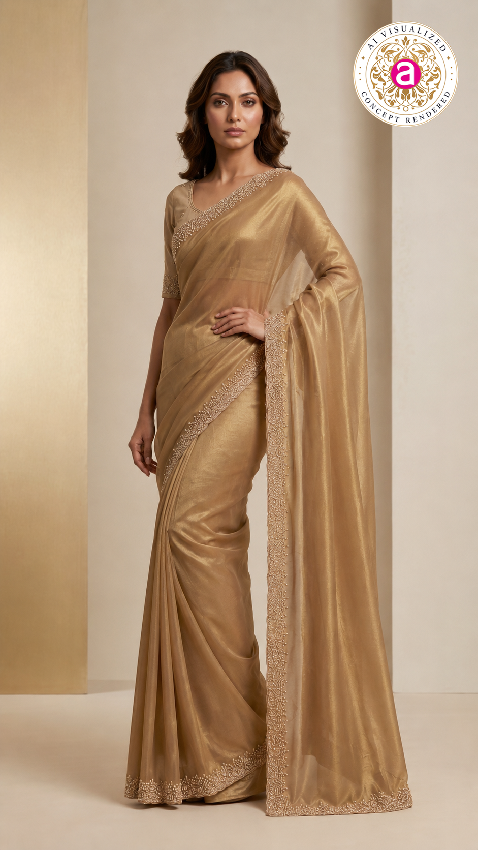 Champagne Gold Embroidered Designer Saree