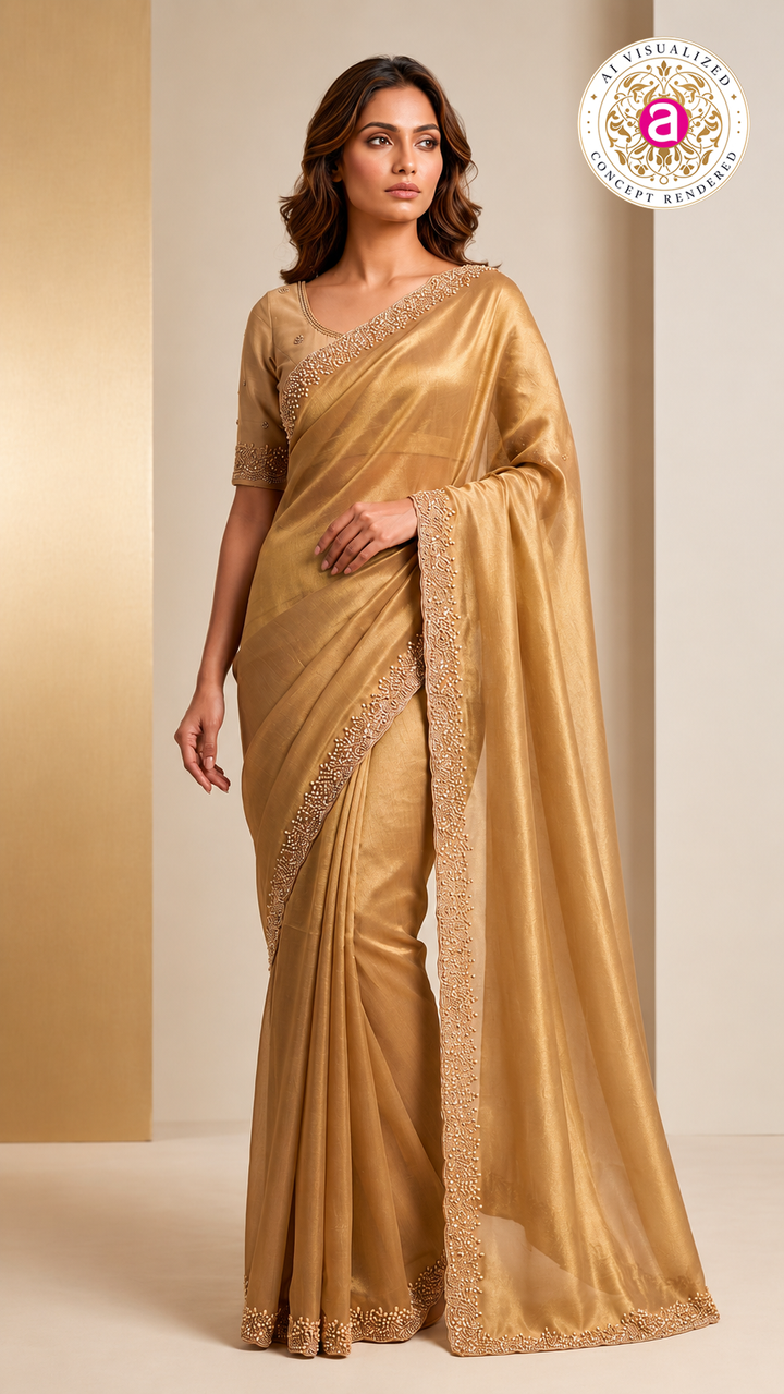 Champagne Gold Embroidered Designer Saree