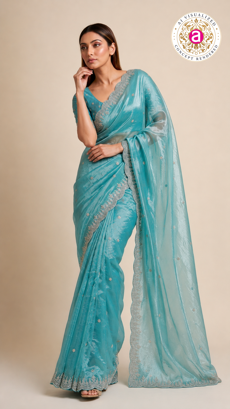 Aqua Blue Embroidered Organza Saree