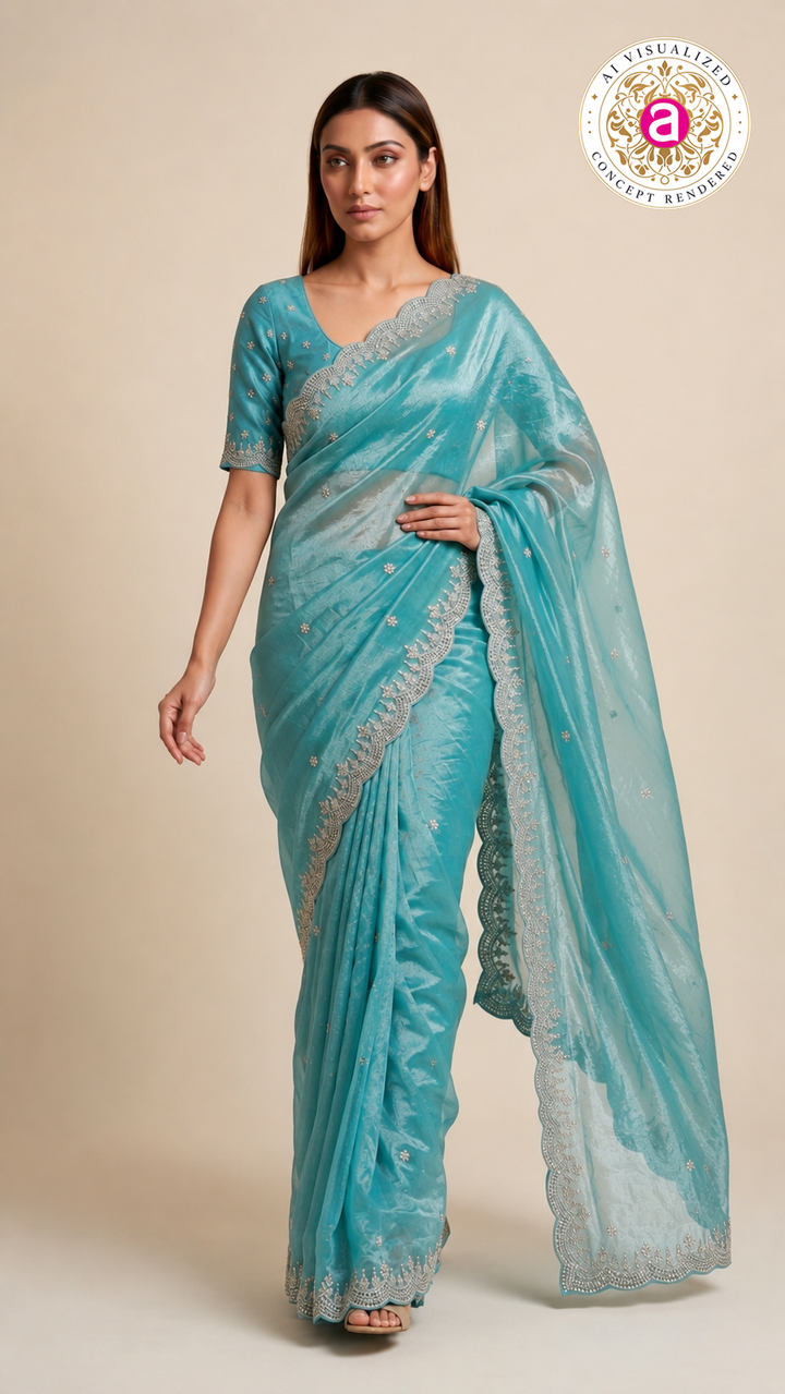Aqua Blue Embroidered Organza Saree