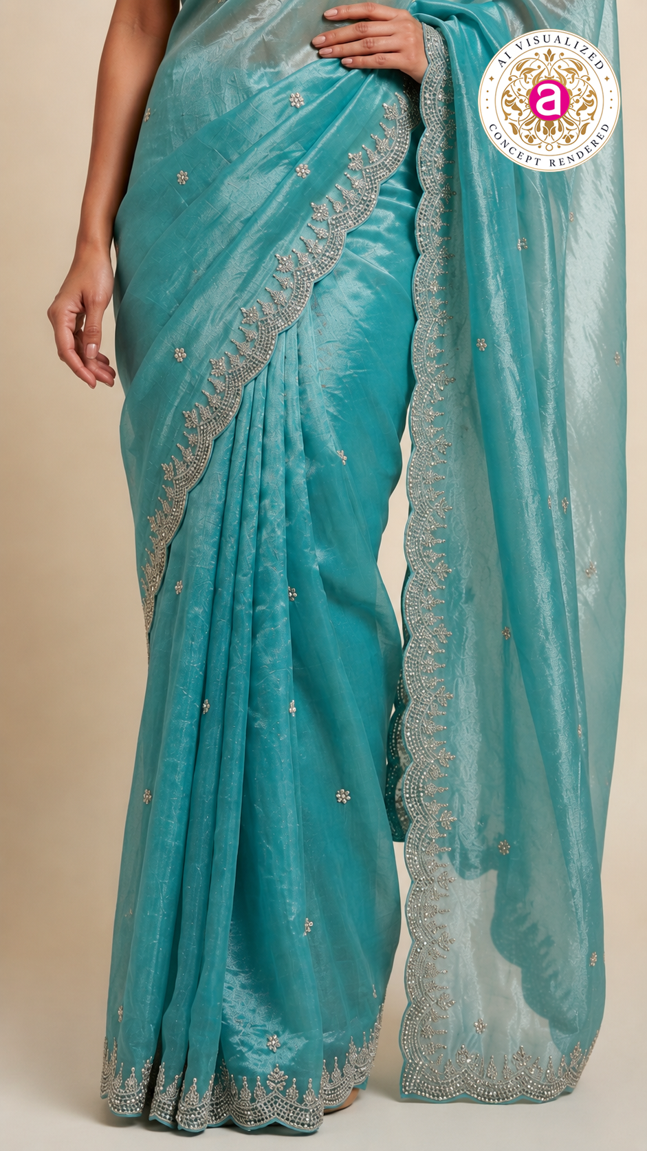 Aqua Blue Embroidered Organza Saree