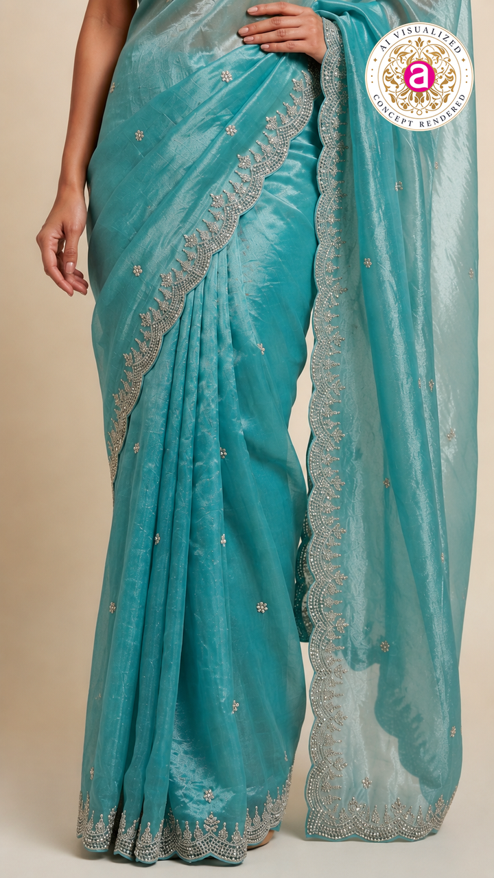 Aqua Blue Embroidered Organza Saree