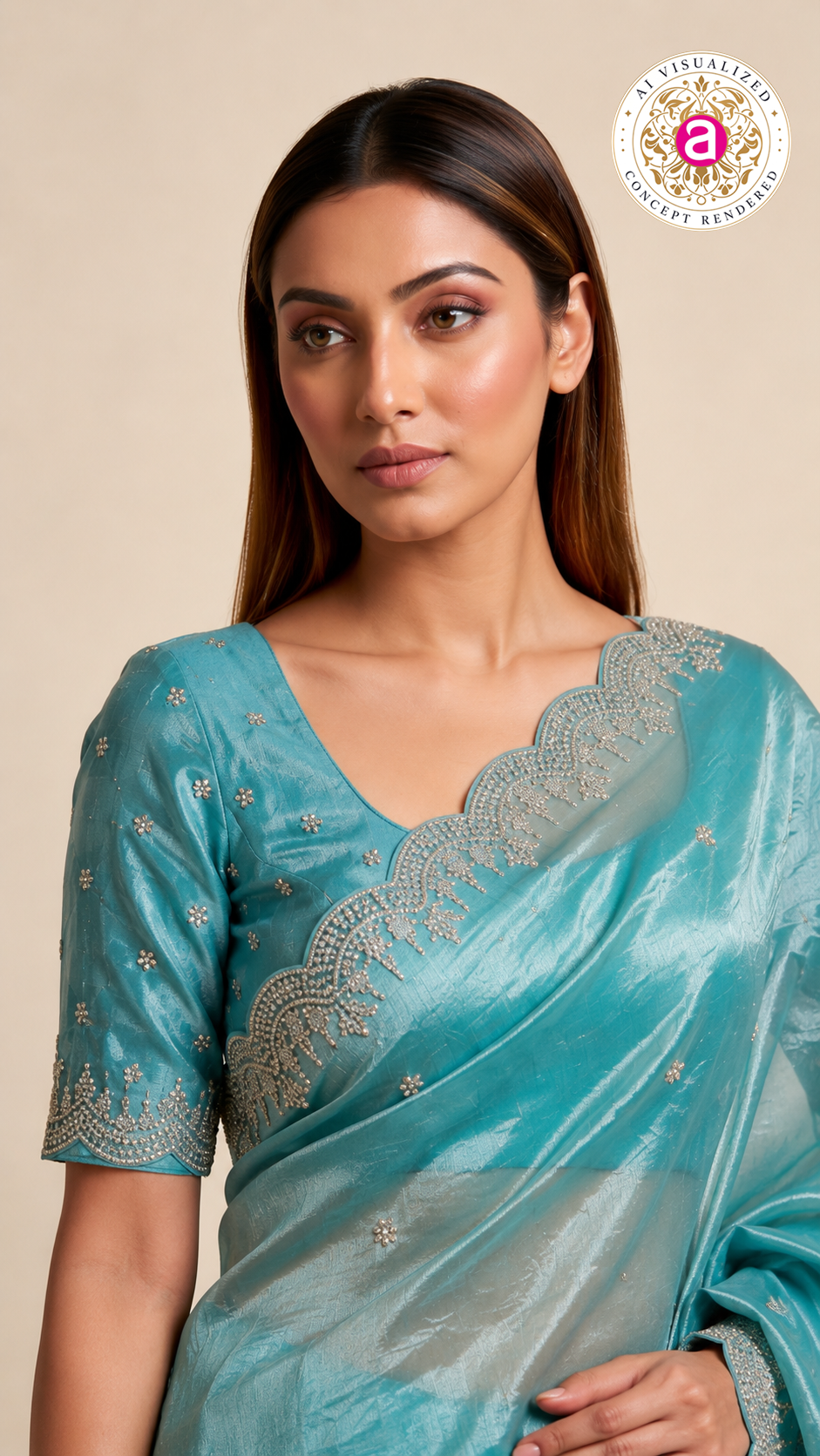 Aqua Blue Embroidered Organza Saree