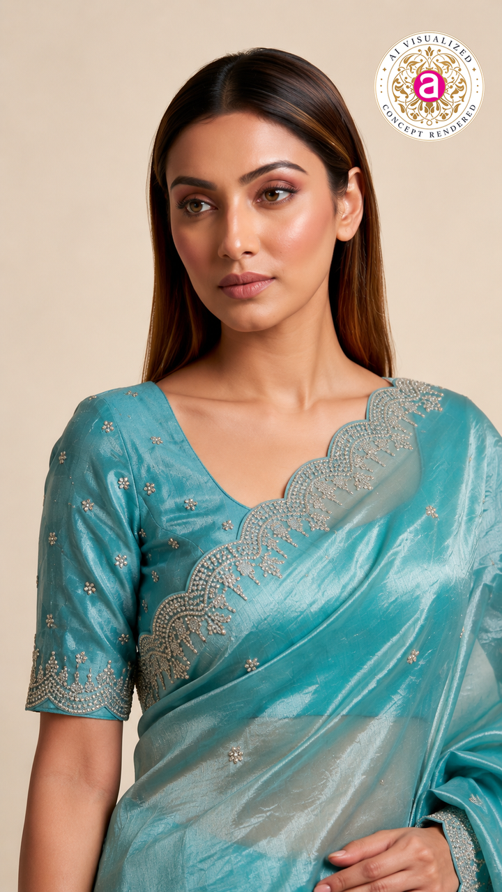 Aqua Blue Embroidered Organza Saree