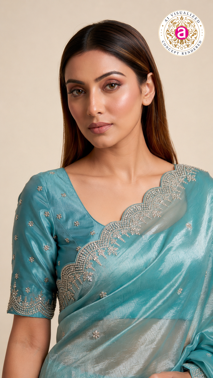 Aqua Blue Embroidered Organza Saree