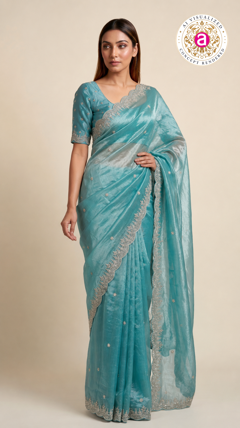 Aqua Blue Embroidered Organza Saree