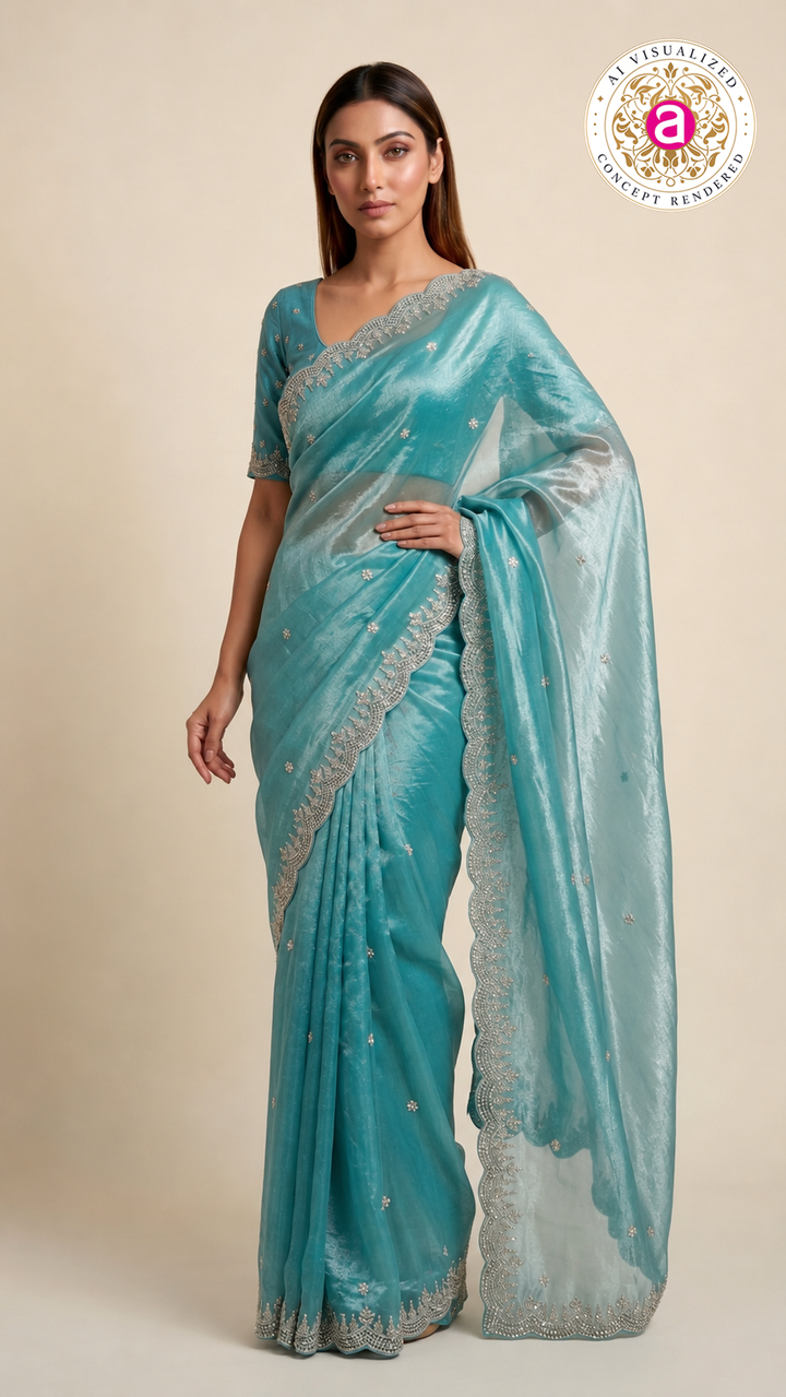 Aqua Blue Embroidered Organza Saree