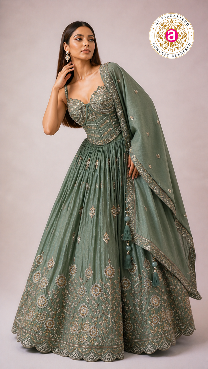 Sage Green Embroidered Lehenga Choli with Corset Blouse & Dupatta