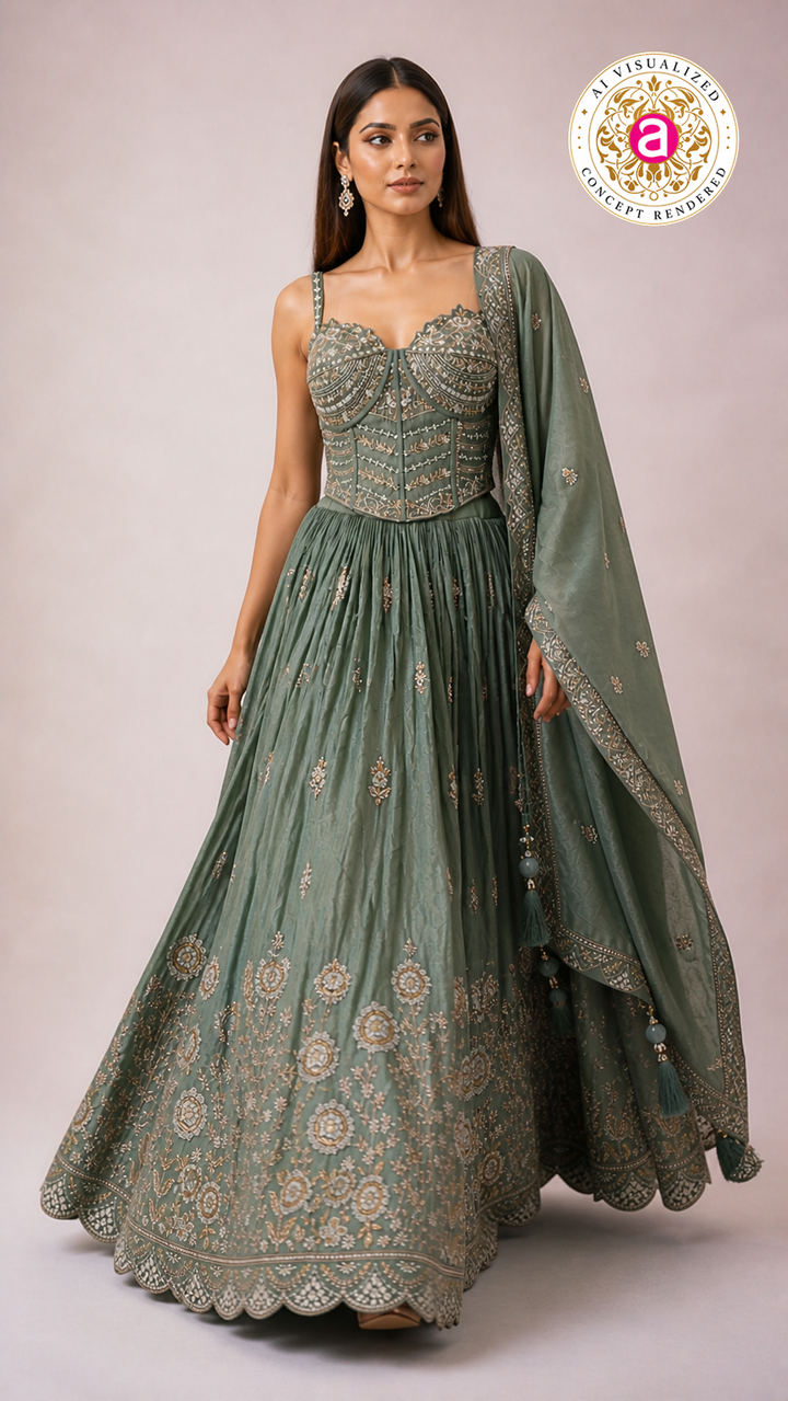 Sage Green Embroidered Lehenga Choli with Corset Blouse & Dupatta