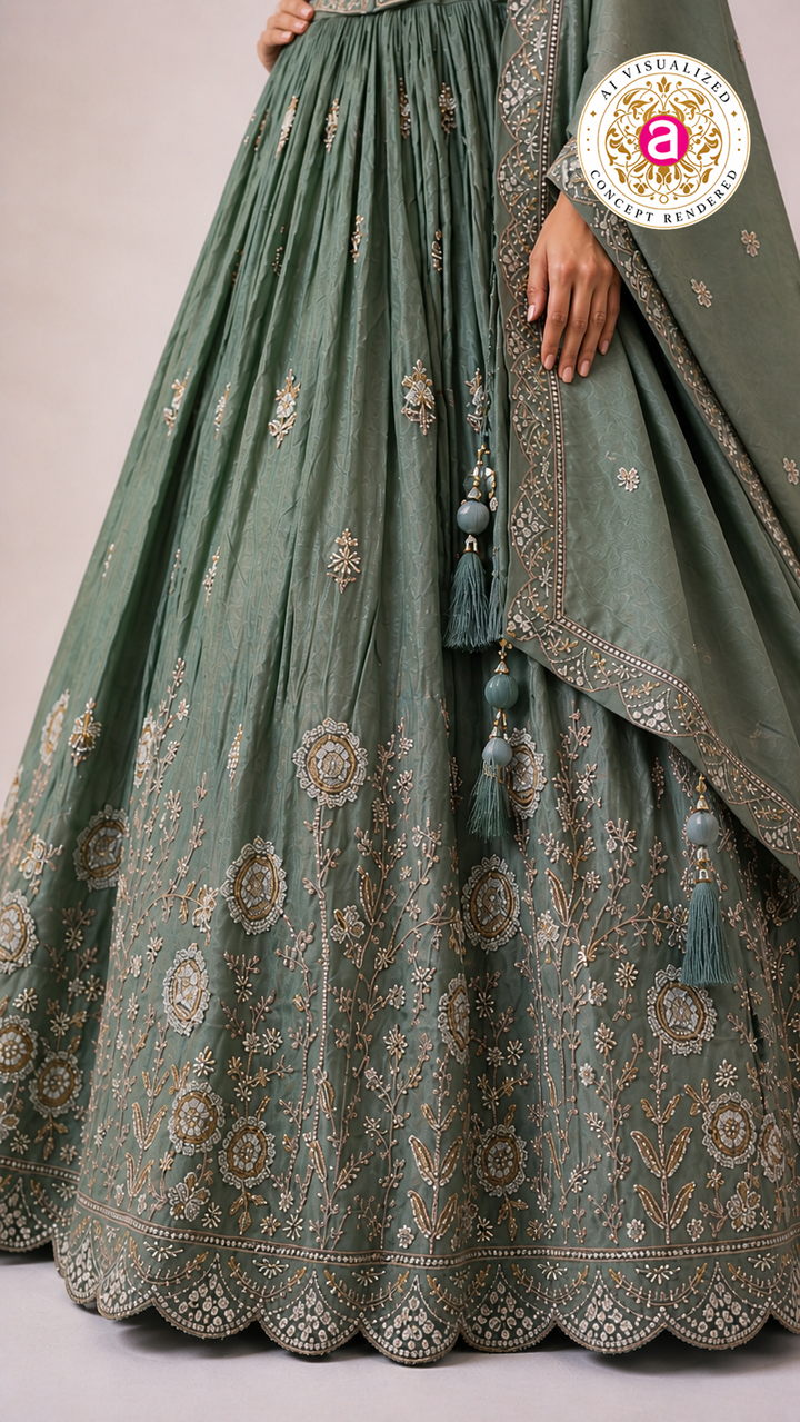 Sage Green Embroidered Lehenga Choli with Corset Blouse & Dupatta