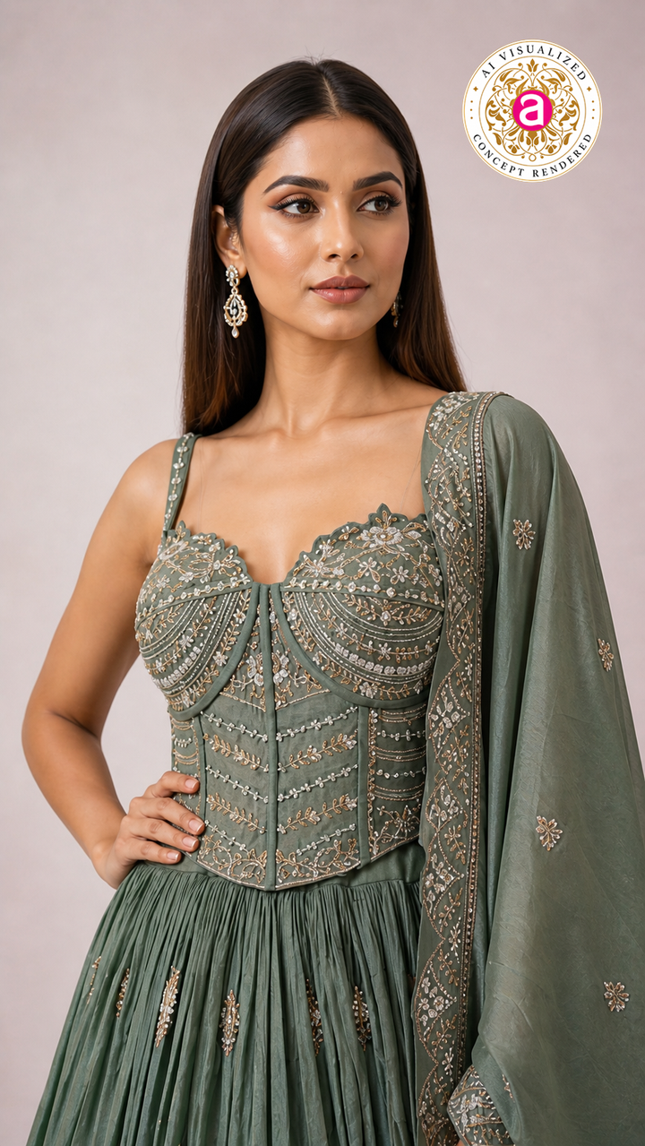 Sage Green Embroidered Lehenga Choli with Corset Blouse & Dupatta