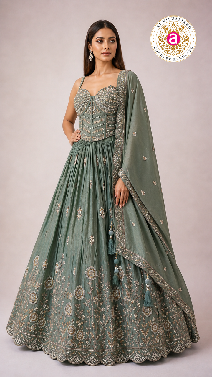 Sage Green Embroidered Lehenga Choli with Corset Blouse & Dupatta