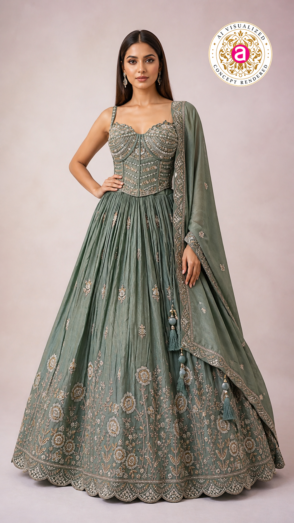 Sage Green Embroidered Lehenga Choli with Corset Blouse & Dupatta
