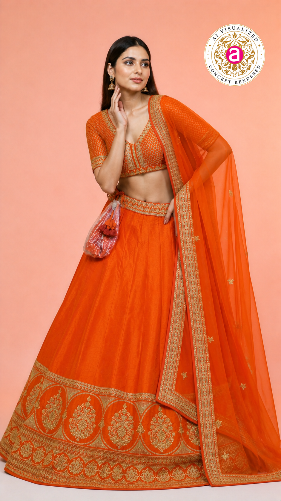 Vibrant Orange Silk Lehenga Choli with Zari Border & Dupatta