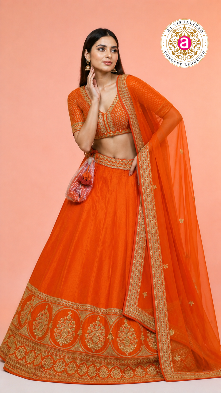 Vibrant Orange Silk Lehenga Choli with Zari Border & Dupatta