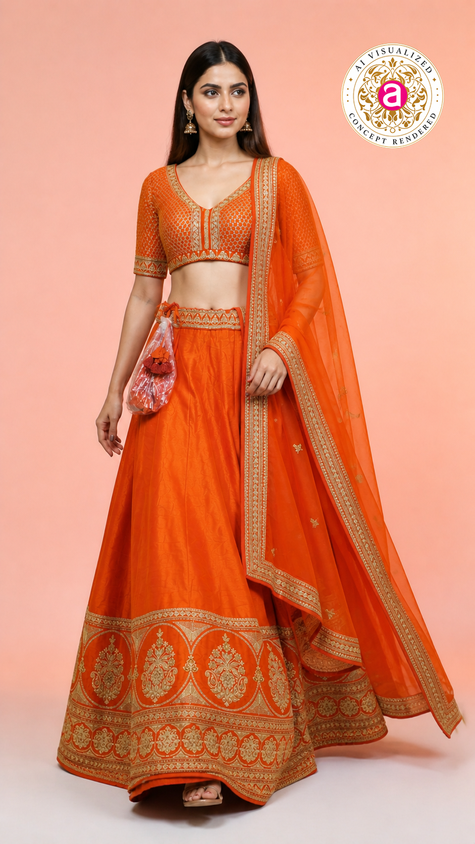 Vibrant Orange Silk Lehenga Choli with Zari Border & Dupatta