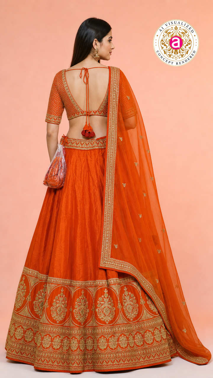 Vibrant Orange Silk Lehenga Choli with Zari Border & Dupatta