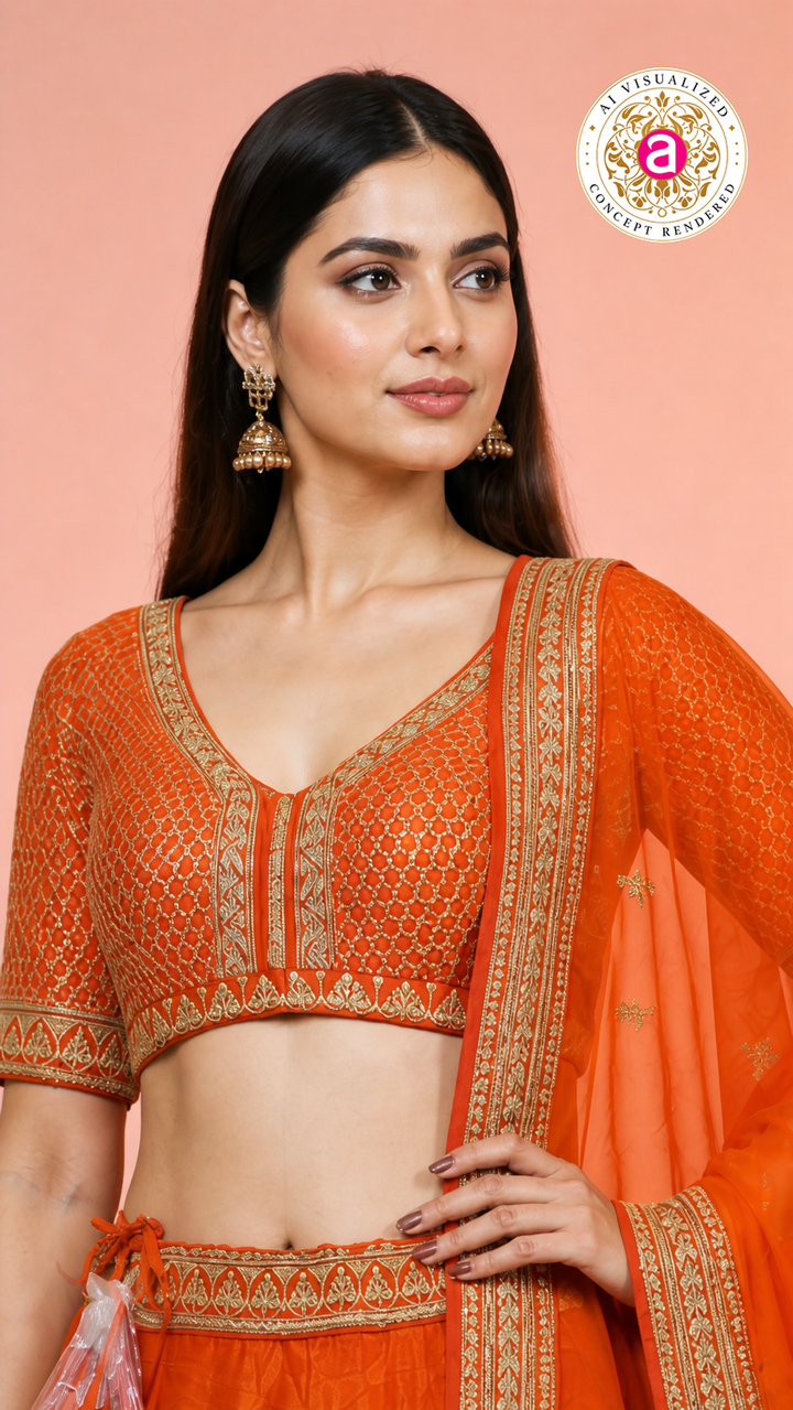 Vibrant Orange Silk Lehenga Choli with Zari Border & Dupatta