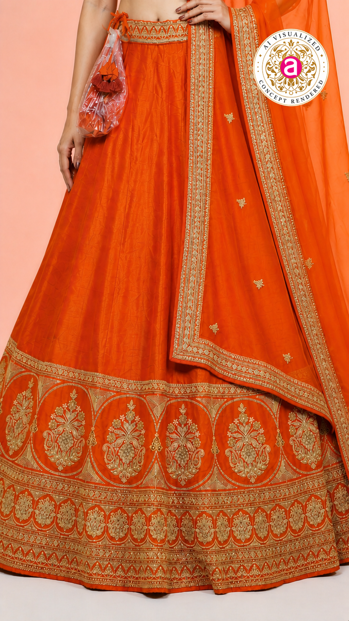 Vibrant Orange Silk Lehenga Choli with Zari Border & Dupatta