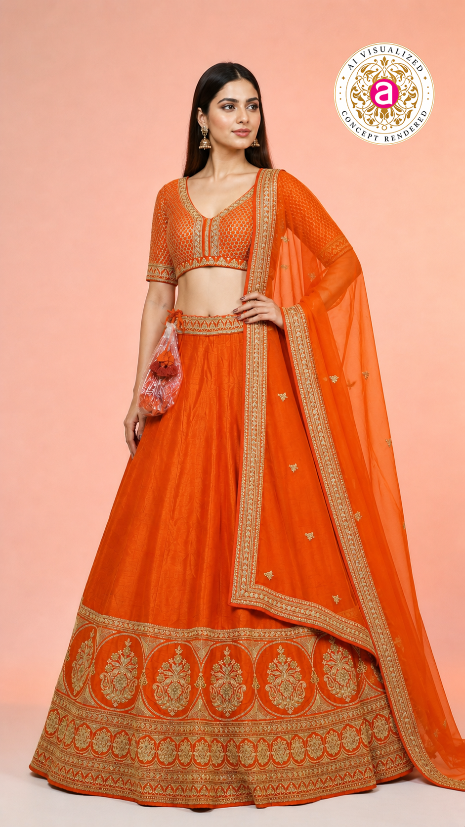 Vibrant Orange Silk Lehenga Choli with Zari Border & Dupatta