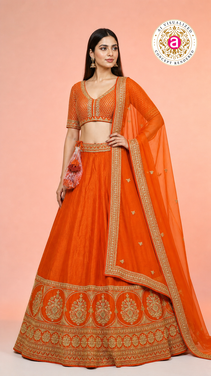 Vibrant Orange Silk Lehenga Choli with Zari Border & Dupatta
