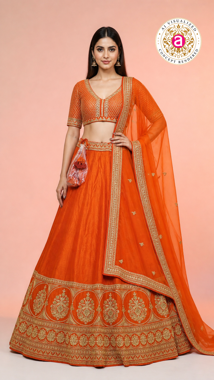 Vibrant Orange Silk Lehenga Choli with Zari Border & Dupatta