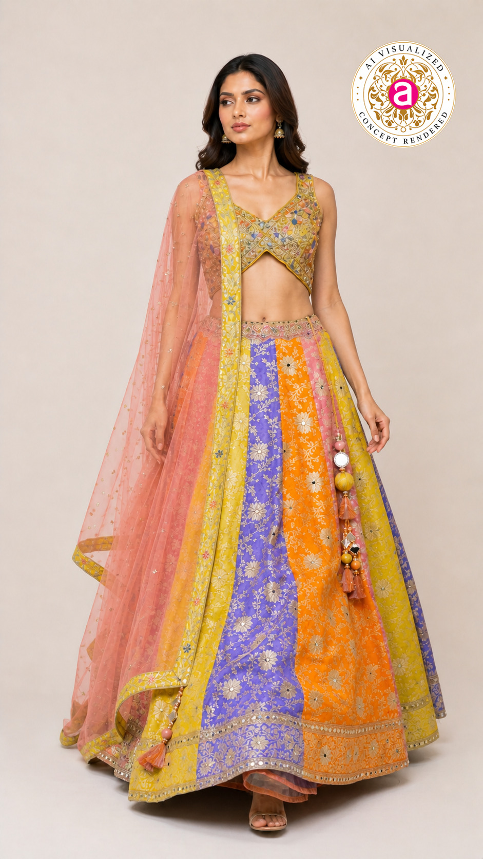 Multicolor Festive Lehenga Set with Embroidered Blouse & Soft Net Dupatta
