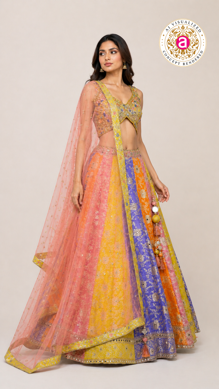 Multicolor Festive Lehenga Set with Embroidered Blouse & Soft Net Dupatta