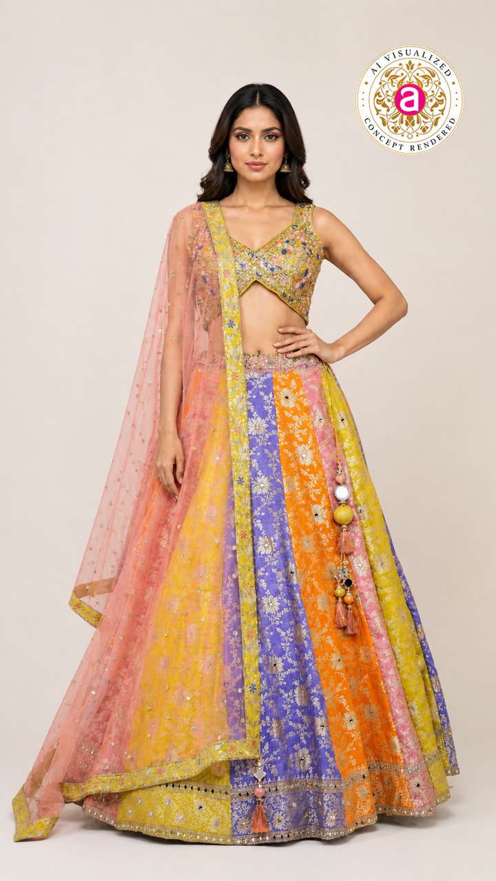 Multicolor Festive Lehenga Set with Embroidered Blouse & Soft Net Dupatta