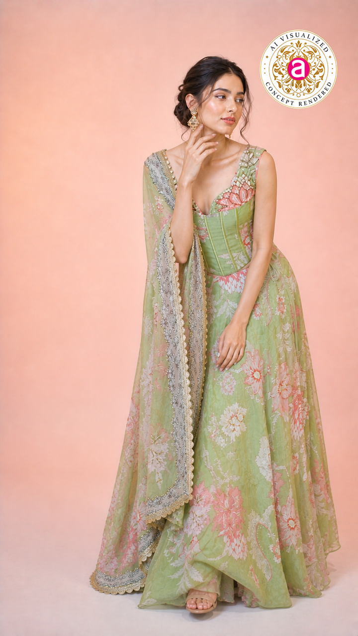 Pastel Green Floral Printed Lehenga Set with Corset Blouse & Sheer Dupatta