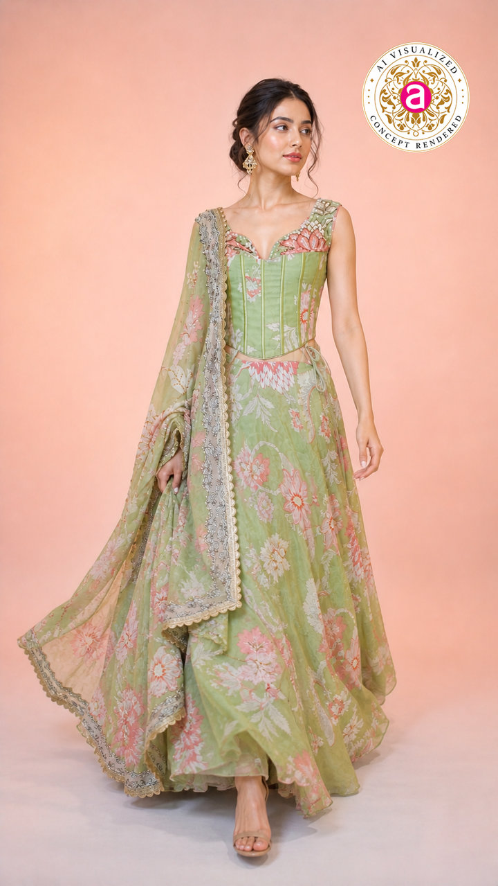 Pastel Green Floral Printed Lehenga Set with Corset Blouse & Sheer Dupatta