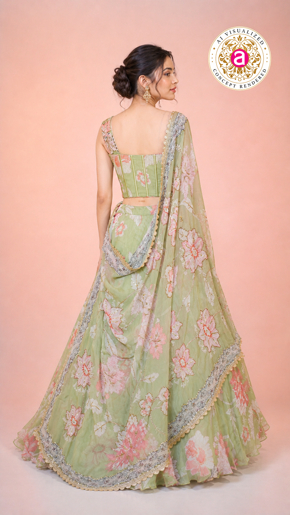 Pastel Green Floral Printed Lehenga Set with Corset Blouse & Sheer Dupatta
