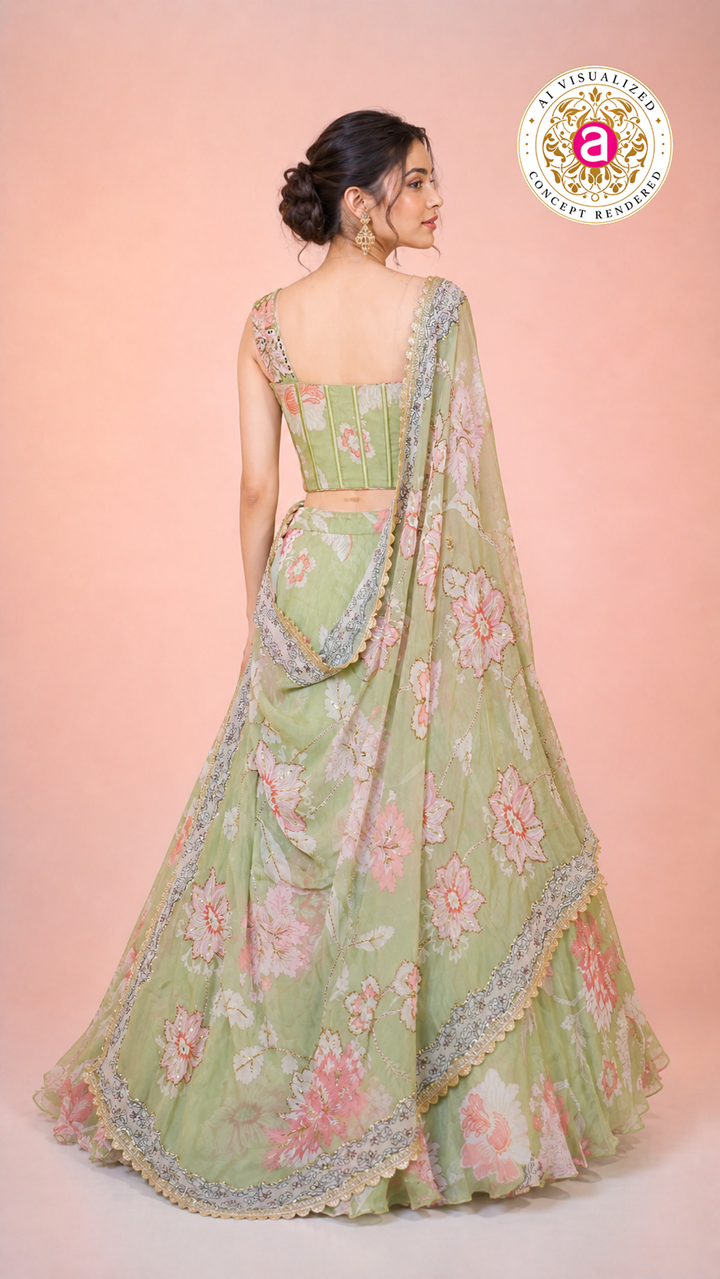 Pastel Green Floral Printed Lehenga Set with Corset Blouse & Sheer Dupatta
