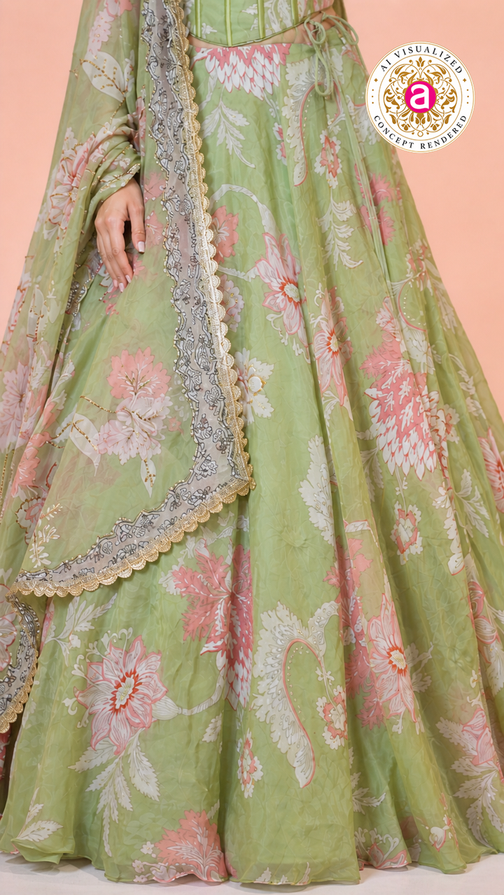Pastel Green Floral Printed Lehenga Set with Corset Blouse & Sheer Dupatta