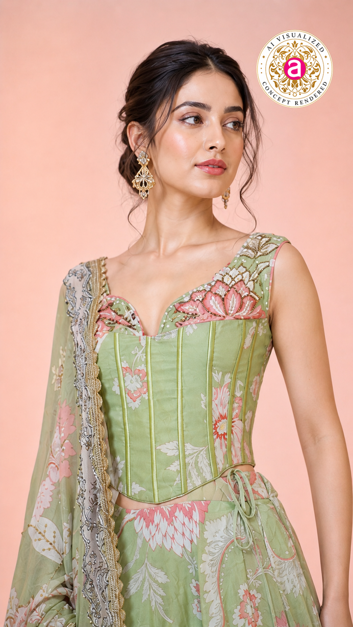 Pastel Green Floral Printed Lehenga Set with Corset Blouse & Sheer Dupatta