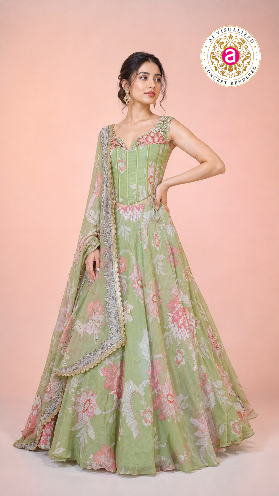 Pastel Green Floral Printed Lehenga Set with Corset Blouse & Sheer Dupatta