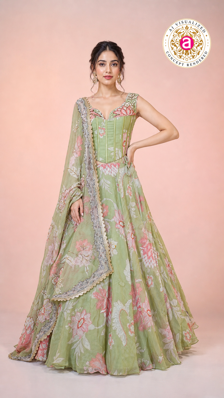 Pastel Green Floral Printed Lehenga Set with Corset Blouse & Sheer Dupatta