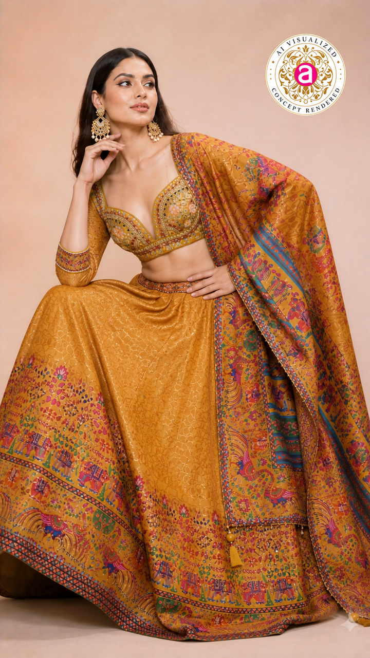 Mustard Heritage Print Lehenga Set with Embroidered Blouse & Statement Dupatta